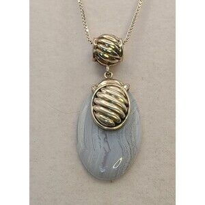 Sterling Silver Oval Blue Lace Agate Pendant 925 1.75" Long